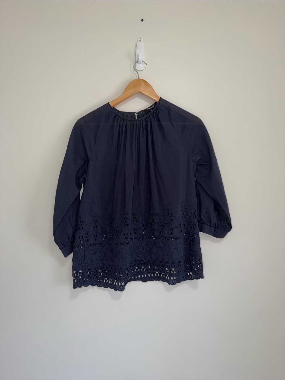 Madewell Cotton Silk Blouse XS Black Eyelet Lace Boho Peasant Embroidery